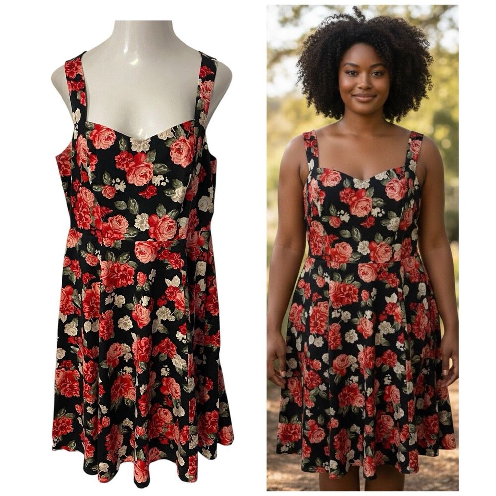 Torrid Dress Womens Size 14 Red Floral Skater Pin Up Retro Work Office Date
